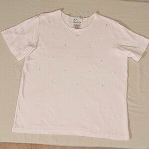 White Short Sleeved Knit Top with Rhinstones Scattered on front